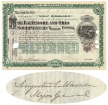 Baltimore & Ohio Southwestern Railway Company Issued To Major General Augustus E. Warren And Signed By Him On Verso