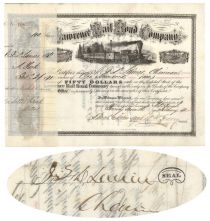 Lawrence Rail Road Company Issued To J.F.D. Lanier And Signed By Him On Verso