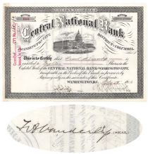 Central National Bank Issued To And Signed On Verso By Frank Vanderlip
