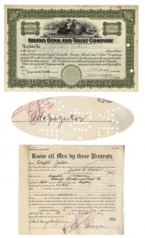 Irving Bank And Trust Company Issued To And Signed On Attached Stock Power By Film Mogul Adolph Zukor