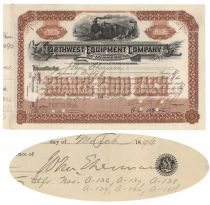 Northwest Equipment Company Issued To And Signed On Attached Stock Power By John Sherman, Senator Who Wrote The Sherman Anti-trust Act