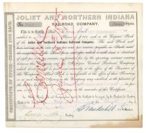 Joliet & Northern Indiana Rr Co. Stock Signed By Cornelius Vanderbilt As Vice President.