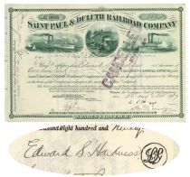 St. Paul & Duluth RR Co. Stock Issued To And Signed On Verso By Edward S. Harkness
