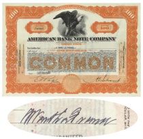 American Bank Note Co. Stock Issued To And Signed By A. Ward La France On Verso