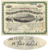 Pittsburgh & Lake Erie Rail Road Co. Issued To A. Felix Dupont And Signed By Him On Verso