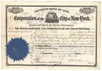 Revenue Bond Of 1860 Corporation Of The City Of New York Signed By Fernando Wood As Mayor