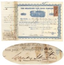 Delaware Rail Road Company Issued To Charles I. Dupont As Guardian Of Henry R. Dupont And Signed By Him On The Stub In Receipt Of The Certificate