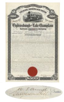 Odgensburgh & Lake Champlain Railroad Co. Signed By Stuyvesant Fish As Trustee