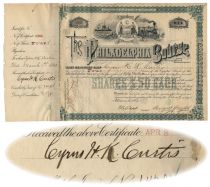 Philadelphia Bourse Stock Issued to and signed on the attached stub by Publisher Cyrus Curtis