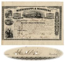 Mississippi & Missouri Railroad Stock Signed As President By John A. Dix
