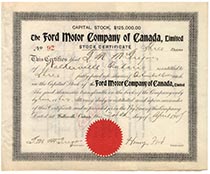 Ford Motor Company of Canada Stock Signed As President By Henry Ford