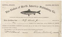 Fishes of North America Publishing Company Stock Signed By Charles Hallock, Founder of Forest and Stream Which Later Merged With Field And Stream Magazine