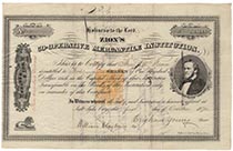 A Very Scarce Zion Co-operative Mercantile Institution Stock Certificate Signed As President By Brigham Young