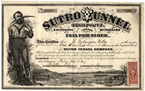 An Important Western Mining Stock Sutro Tunnel Company Issued To E. Erlanger & Company, The Company That Arranged The Famous Erlanger Loan To The Confederate States During The Civil War