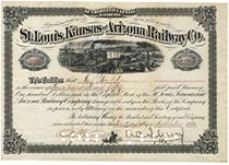 St.Louis, Kansas & Arizona Railway Company Stock Issued To And Endorsed On Verso By Jay Gould