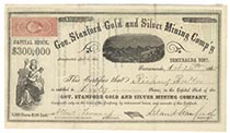 Gov. Stanford Gold & Silver Mining Company Stock Signed By Leland Stanford