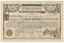 A COLORFUL GRUEN WATCH COMPANY STOCK CERTIFICATE