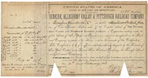  A VERY RARE DUNKIRK, ALLEGHENY VALLEY  AND PITTSBURGH RAILROAD COMPANY STOCK  ISSUED TO AND SIGNED BY COMMODORE VANDERBILT