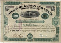 Missouri, Kansas & Texas RR Company Stock Signed As President By Jay Gould