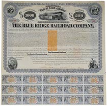 Blue Ridge Railroad Company Bond Signed By Henry Clews