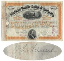 Northern Pacific Railroad Stock Issued To And Signed On Verso By Charles F. Adams