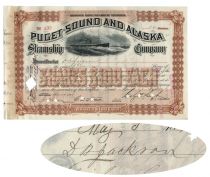 Puget Sound And Alaska Steamship Company Stock Issued To And Signed By Company Captain D. B. Jackson