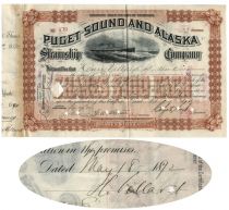 Puget Sound And Alaska Steamship Stock Issued To And Signed On Verso By Legendary Financier Henry Villard