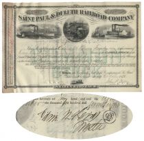 Saint Paul & Duluth Railroad Company  Stock Issued To And Signed On Verso By Northern Pacific Bankruptcy Trustee Edwin M. Lewis