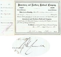 Jamestown And Northern Railroad Stock Issued To And Signed By William Nelson Cromwell