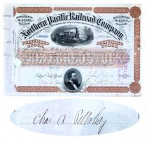 Northern Pacific Stock Issued To And Signed On Verso By General Mills Founder Charles Pillsbury