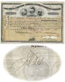 Columbus, Chicago & Indiana Central Railway Co. Issued To Leopold Cahn & Co. And Signed On Verso By Jules S. Bache As Witness