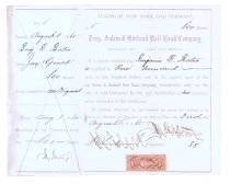 The Troy Salem And Rutland Rail Road Company, One Of Jay Gould's First Railroad Ventures Signed Twice, As President And On Attached Stub, Issued To Benjamin E. Bates, Namesake Of Bates College