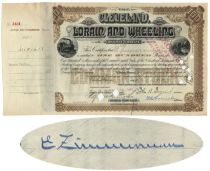 Cleveland, Lorain And Wheeling Railway Company Stock Issued To And Signed By Eugene Zimmerman