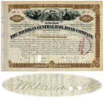 Michigan Central Railroad Bond Issued To And Signed By  William K. Vanderbilt
