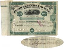 Missouri, Kansas And Texas Railway Company Stock Issued To And Signed On Verso By Russell Sage