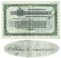 State Of New York Loan For Barge Canal Terminals Bond Issued To And Signed On Verso By  W. K. Vanderbilt Jr.