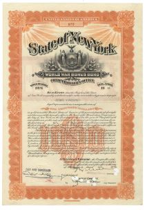 State Of New York World War Bonus Bond For $1000 Issued To George Vanderbilt