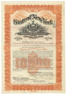 State Of New York World War Bonus Bond For $5000 Issued To William K. Vanderbilt, Jr.