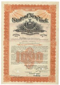 State Of New York World War Bonus Bond For $1000 Issued To William K. Vanderbilt, Jr.