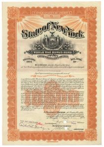 State Of New York World War Bonus Bond For $10,000 Issued To Harold S. Vanderbilt