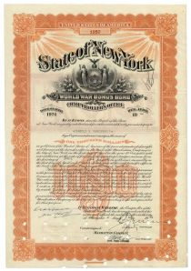 State Of New York World War Bonus Bond For $1000 Issued To Harold S. Vanderbilt