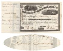 Cleveland & Toledo Rail-road Co Stock Issued To And Signed On Verso By Speculator Jacob Little
