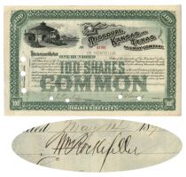 Missouri Kansas And Texas RW Co. Issued To And Signed On Verso By William Rockefeller