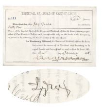 Scarce Stock Certificate Of The Terminal Railroad Of East St. Louis Issued To And Signed On Verso By Jay Gould