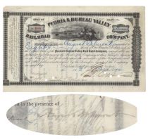 Peoria & Bureau Valley RR Co. Issued To And Signed On Verso By August Belmont, Jr.