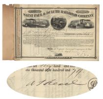 Saint Paul & Duluth Railroad Co. Issued To And Signed On Verso By Anthony J. Drexel