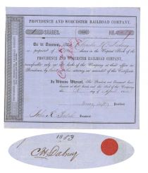 Providence And Worcester Railroad Co.Issued To And Signed On Verso By Charles H. Dabney, J. Pierpont Morgan’s Mentor Early In His Career And Subsequent Partner
