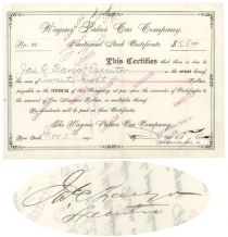 Wagner Palace Car Company Issued To And Signed By James C. Fargo