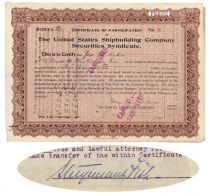 United States Shipbuilding Company Securities Syndicate Signed On Verso By Stuyvesant Fish