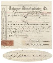 Lawrence Manufacturing Company Issued to and Signed on verso by Thomas Jefferson Coolidge